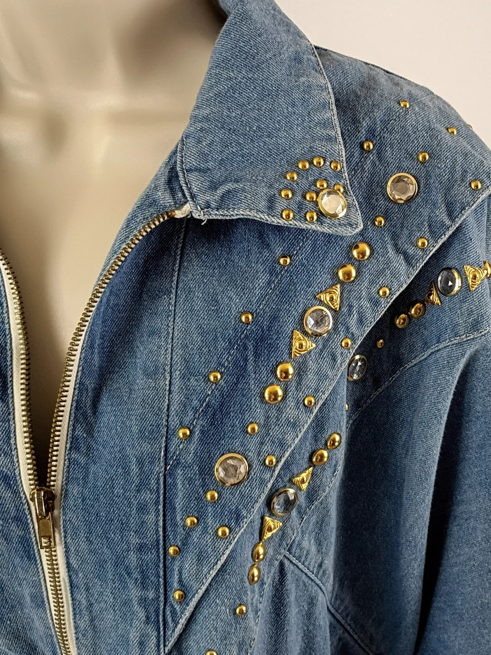Vintage Women's Blue Denim Studded Zip-Up Jacket